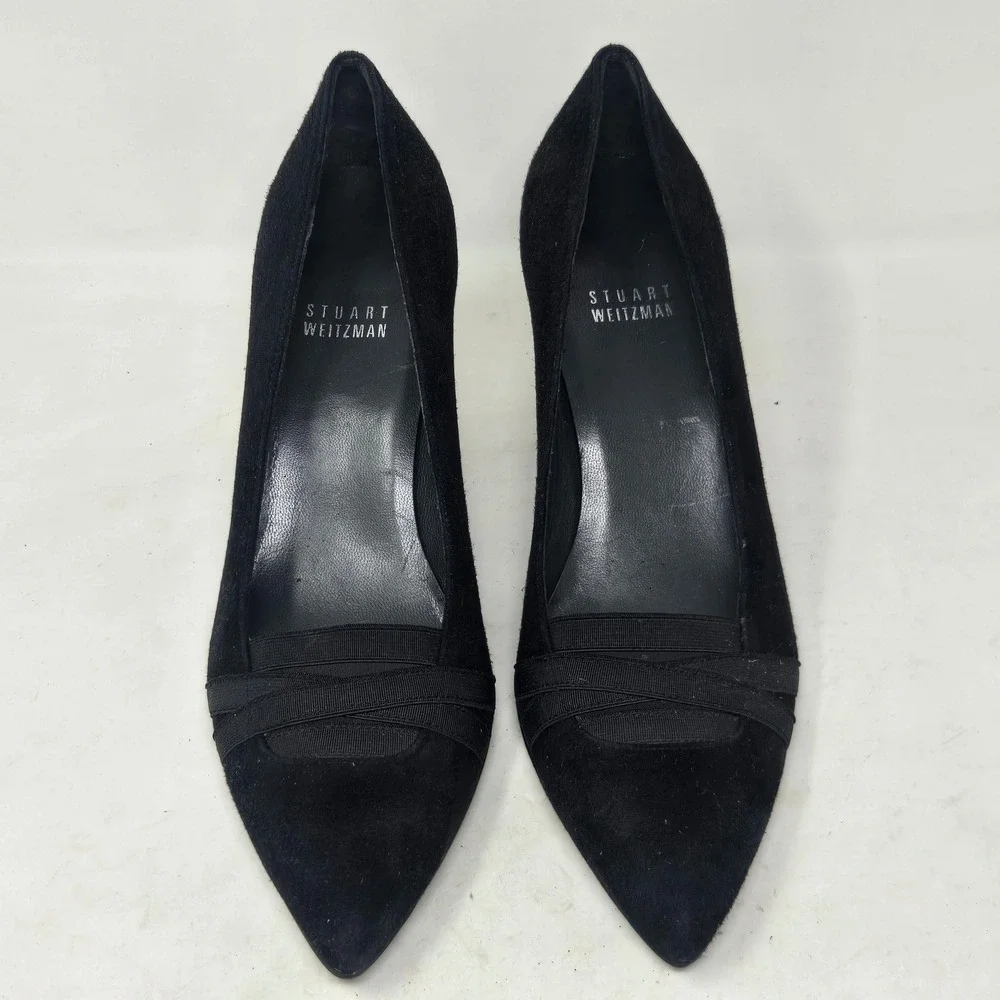 Stuart Weitzman Black Suede Pointed Toe Pumps Grosgrain Detail QH10360 Size 7.5M
